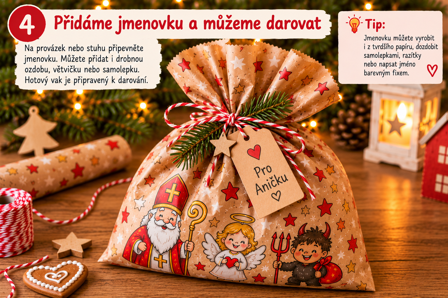 Zavazování mikulášského dárkového vaku z balicího papíru